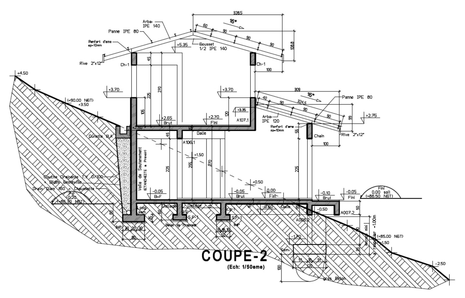 Plan de coupe d'exécution : soutènement, drainage, semelles et charpente